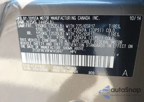 2015 Toyota Rav4 Le из США, поврежденный, VIN 2T3ZFREV9FW145847